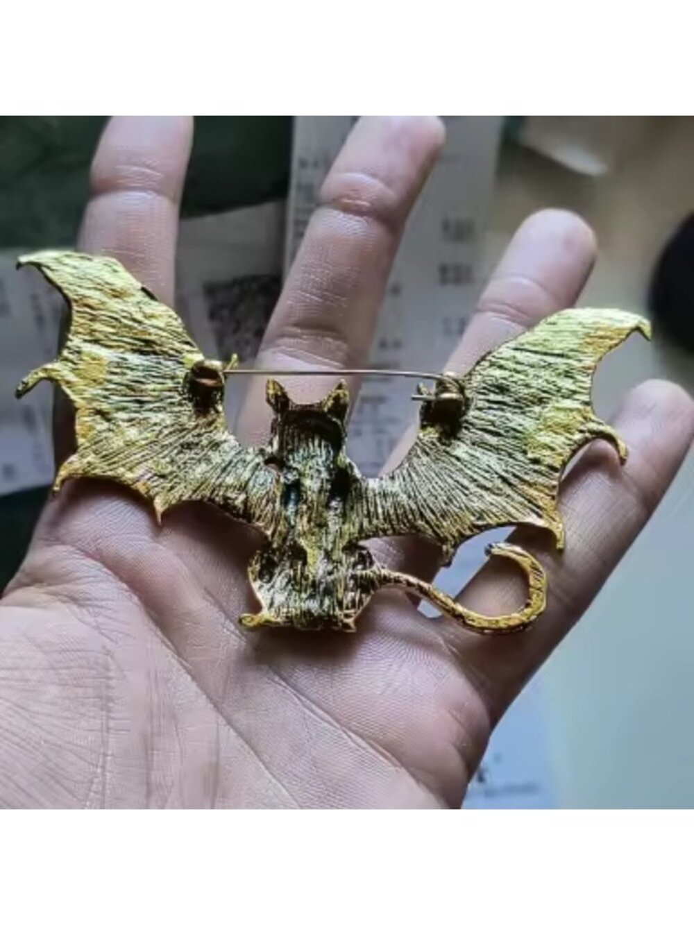 Gothic Bat Cat Brass Brooch - Picture 11 of 14